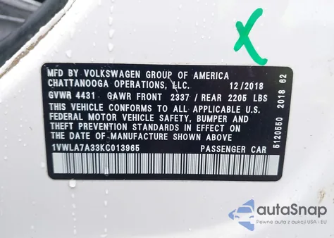 2019 Volkswagen Passat 2.0T Wolfsburg Edition из США, поврежденный, VIN 1VWLA7A33KC013965